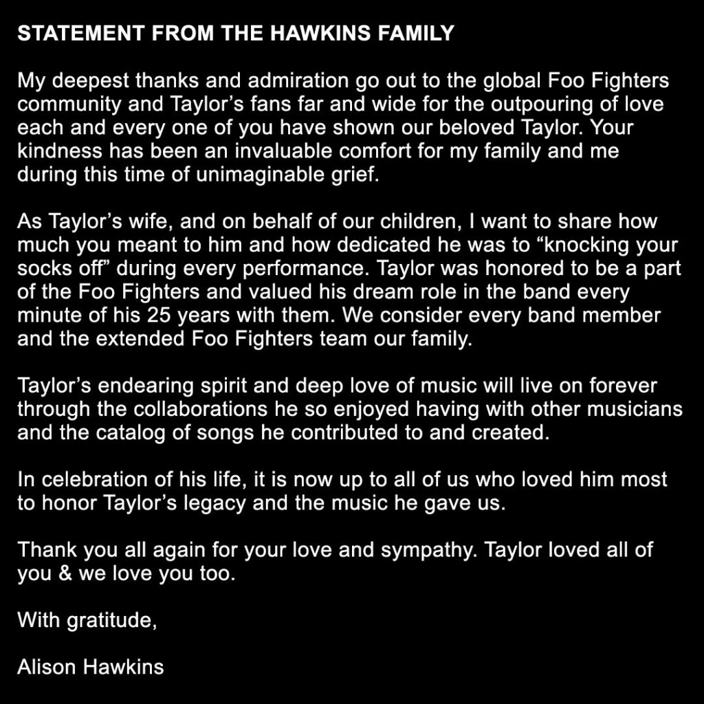 Taylor Hawkins' widow makes her first statement