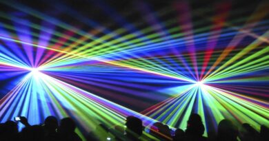 Concert lights beaming on audience